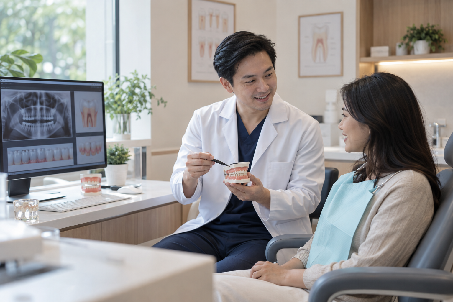 Dentist explaining a treatment plan to a patient in a modern clinic